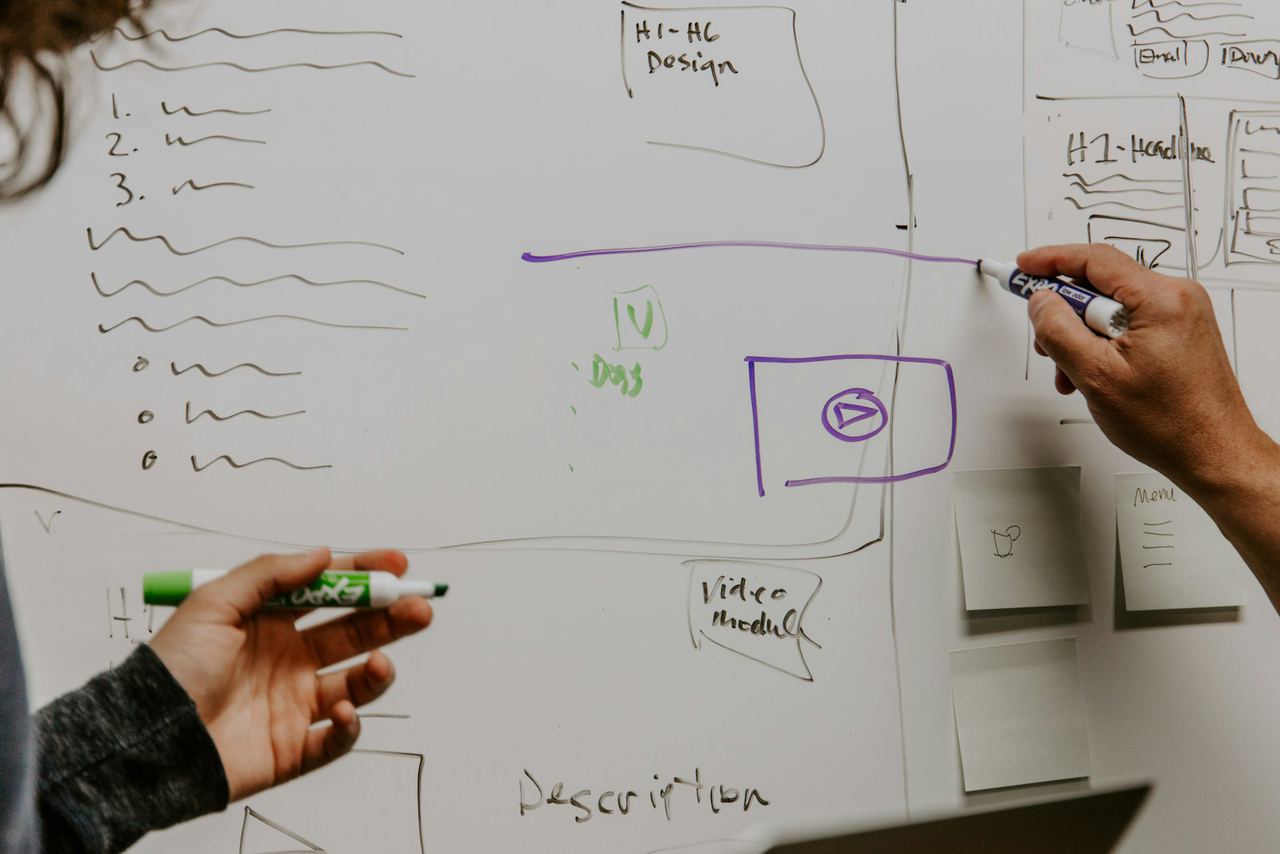 Hand sketching a process diagram on a whiteboard